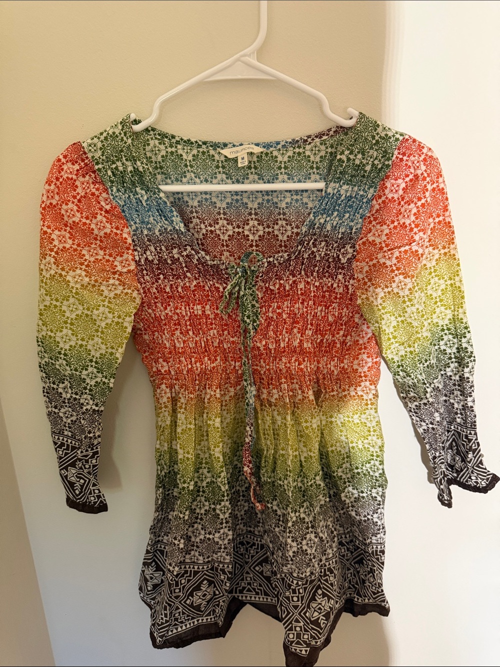 Multicolor Smocked Peasant Tunic in Rainbow Hues
